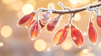 Frosted red flower buds on branch with soft focus bokeh background