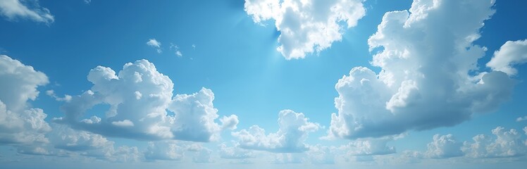 Panorama of blue sky with white clouds. Cumulus clouds float in atmosphere. Light, sunlight rays through clouds create airy mood. Blue sky background perfect for weather, travel, nature projects.