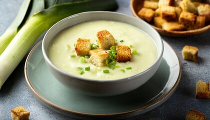homemade cream of leek soup with croutons