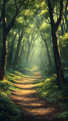 Fototapeta premium Mystical Woodland Trail Winding Through Enchanted Forest with Sunlit Canopy and Ethereal Morning Mist