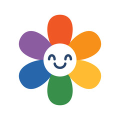 Vector illustration of lgbt colorful rainbow flower with smiling face. Featuring six petals in vibrant colors, the design radiates happiness, joy. Perfect for LGBTQ gay designs.