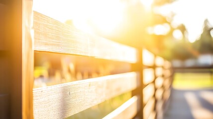 Fototapeta premium Wooden fence in sunlit pasture