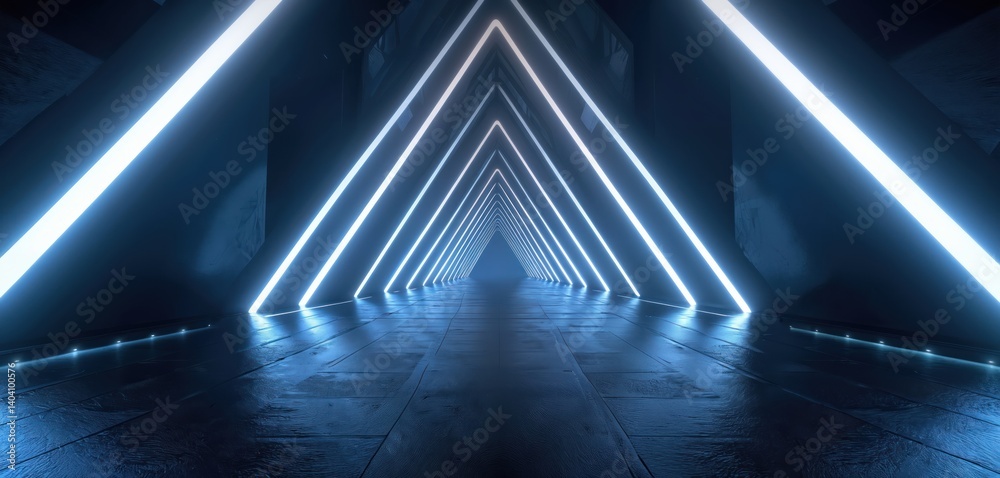 Poster neon tunnel with triangle shape. futuristic geometric corridor with glowing lines. sci-fi tech backg