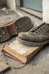 Close-up of old leather boot stepping on a weathered book outside, conveying a theme of disrespect for knowledge, the passage of time, or the decay of intellectual pursuits.