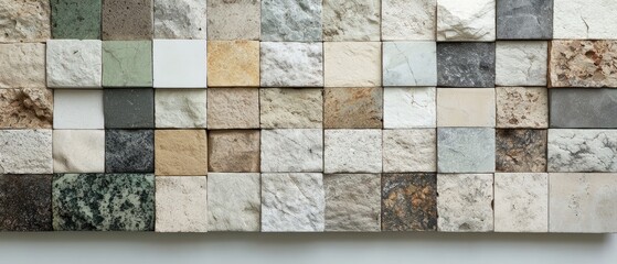 A close-up of a wall made up of small, square tiles of various natural stone types.