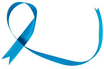 Blue awareness ribbon isolated on white background, symbolizing support and awareness.