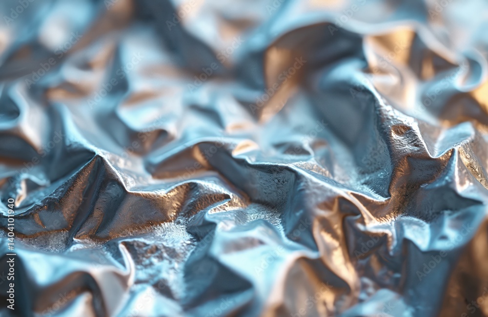 Poster silver crumpled foil metallic luster holographic effect. metal sheet texture with rough wrinkled sur