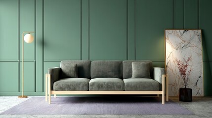 Serene living room with a gray sofa.