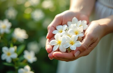 Hands hold fresh white jasmine flowers, nature background. Woman with flowers in sunny garden. Blossoming floral composition with green bokeh background. Delicate beauty, spa, aroma.