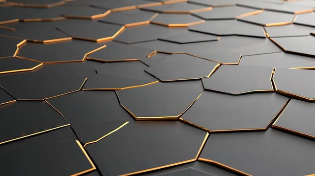 Abstract close-up of interlocking hexagonal tiles with golden edges on a dark surface