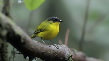 Fototapeta premium Vibrant Yellow Bird Perched on Branch in Lush Green Rainforest