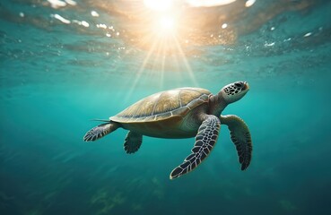Fototapeta premium Sea turtle swims ocean with sun shining. Underwater view of marine animal. Ocean life illustration. World Turtle Day concept. Environmental issues related to animal conservation.