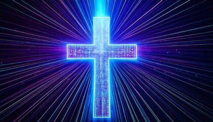 High-tech radiant cross design with circular neon energy waves