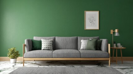 Gray sofa against a green wall.