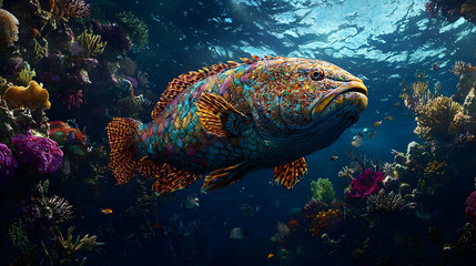 Obraz premium Pixelated Fish Swimming Through Vibrant Colorful Coral Reefs In Deep Blue Ocean Water
