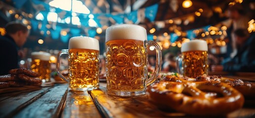 Beer festival, pretzels, sausages, blurry background