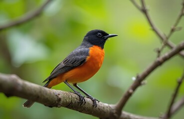 Fototapeta premium Common redstart Phoenicurus phoenicurus perched on tree branch. Male bird with orange plumage, grey wings, black head. Wildlife in natural habitat, animal sitting at tree branch, European fauna,