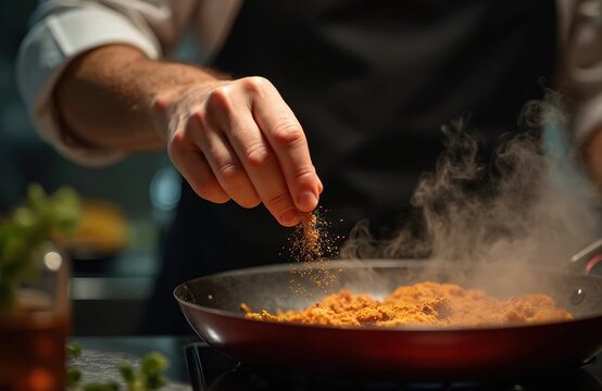 Naklejki Chef adds aromatic spices to hot, steaming frying pan. Delicious dinner preparing in restaurant kitchen. Culinary art with pepper, herbs and ingredients. Professional cook at work, food concept.