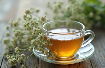 Cup herbal tea, yarrow flowers on wooden rustic table. Healthy beverage, natural medicine for relaxation, detox. Alternative medicine for health, care and beauty. Spring time, bloom.