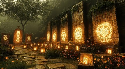 Glowing runes on ancient stones, mystical forest path, fantasy landscape, game background