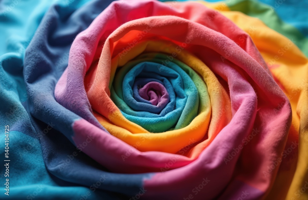 Poster abstract spiral folded colorful tie dye fabric. rainbow gradient cotton textile with multiple colors