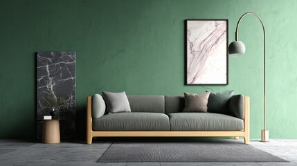 Serene living room with green walls and a comfy sofa.