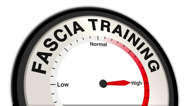 Fascia Training text or word shown with a barometer or tachometer-style gauge, representing varying levels of flexibility, muscle tension, and overall fascia health improvement