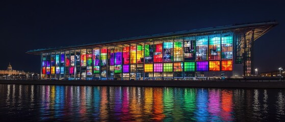A modern building illuminated with colorful lights reflected in the water at night.