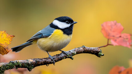 Obraz premium Colorful Titmouse Perched On Branch In Autumn Foliage