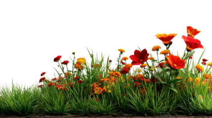 Vibrant floral flourish: A vibrant array of blossoms with vivid red, yellow, and orange petals adorn the scene, harmonizing with the lively green grass and a touch of naturalistic artistry.