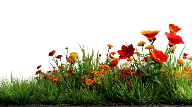 Vibrant floral flourish: A vibrant array of blossoms with vivid red, yellow, and orange petals adorn the scene, harmonizing with the lively green grass and a touch of naturalistic artistry.