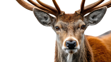 Obraz premium Majestic Red Deer: A majestic red deer stag, its antlers spreading wide against a clean background, stares directly at the camera, showcasing its raw power and timeless beauty.