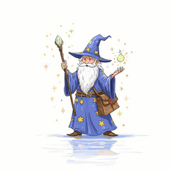 Charming wizard character in a blue robe with stars, holding a wand and magic potion