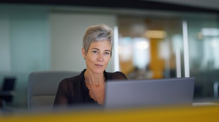 Obraz premium Focused mature business woman working at laptop in corporate office, showcasing professionalism and commitment to her work