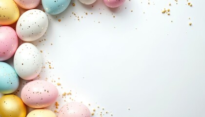 Colorful Easter eggs frame white background. Eggs painted in pastel colors with golden sprinkles. Spring holiday season concept. Blank space for text design. Festive decoration for Easter