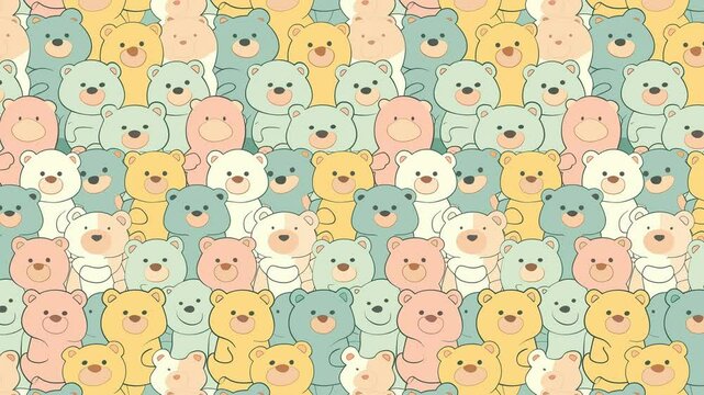 Looping pastel teddy bear pattern background with soft colors.