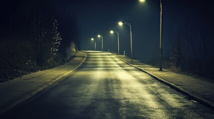 Eerie illuminated road winds uphill through dark night scenery