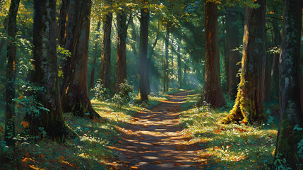 Obraz premium Serene Woodland Path: A Tranquil Journey Through Nature's Leafy Embrace