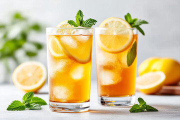 Fototapeta premium Refreshing Iced Tea Served In Tall Glasses With Lemon Slices And Mint Leaves On A White Surface