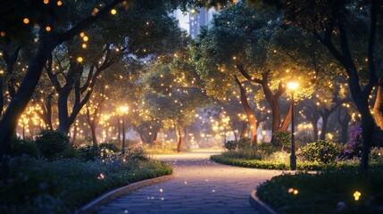 Enchanting twilight pathway illuminated with whimsical fairy lights