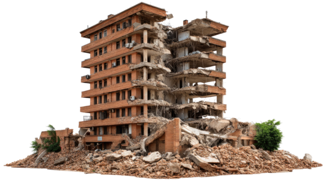 Demolished Building: A stark depiction of a building reduced to rubble, conveying themes of destruction, urban decay, and the aftermath of a disaster.