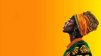 Obraz premium Profile Portrait Of A Woman Wearing Headscarf Jewelry And Colorful Attire Against Yellow Background