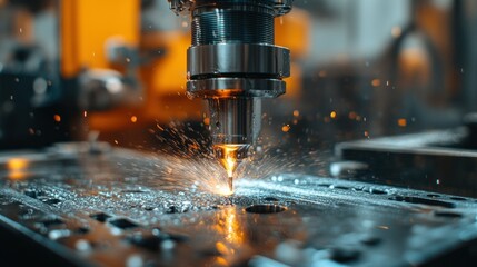 Precision metal cutting process.  A high-speed machining tool  precisely cuts through a metal plate, generating sparks and heat