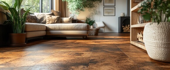 Modern living room, wooden floor, plants, cozy