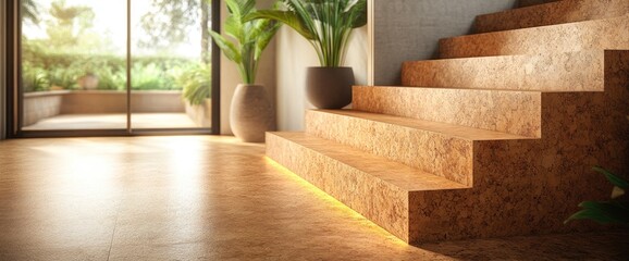 Modern home, cork stairs, garden view, sunlight