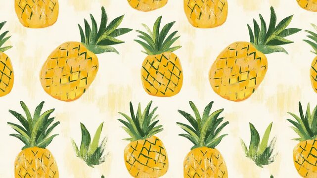 Seamless looping pattern of watercolor pineapples with brush texture.