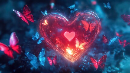 Glowing heart surrounded by butterflies.