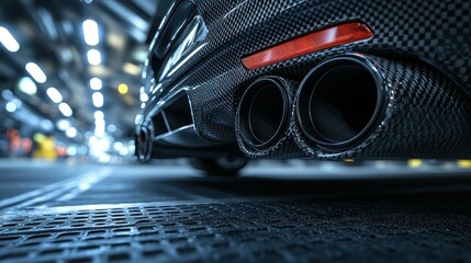 Rear exhaust of a high-performance car in a modern urban setting.  Deep focus on the twin exhaust tips and carbon fiber details