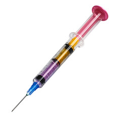 Fototapeta premium A medical syringe with a colorful cap, with the needle visible, isolated on a white background.