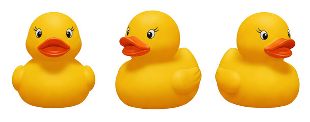 Yellow rubber duck ducky, transparent background cutout, PNG. Mockup template artwork design. perspective positions, from different angles